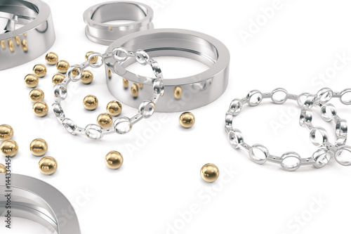 Silver and gold balls bearings on a white background, 3d rendering