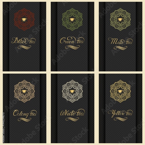 Vector set of cards with a variety of tea. Invitation or gift card with elegant typography and cup of tea in monogram element. Elegant tea label or cover.