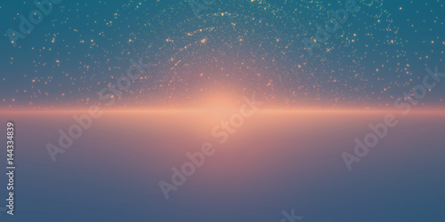 Fototapeta Naklejka Na Ścianę i Meble -  Vector infinite space background. Matrix of glowing stars with illusion of depth and perspective. Abstract cyber fiery sunrise over sea. Abstract futuristic universe on blue background.
