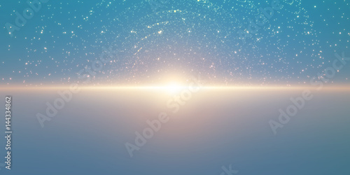Vector infinite space background. Matrix of glowing stars with illusion of depth and perspective. Abstract cyber fiery sunrise over sea. Abstract futuristic universe on light blue background.
