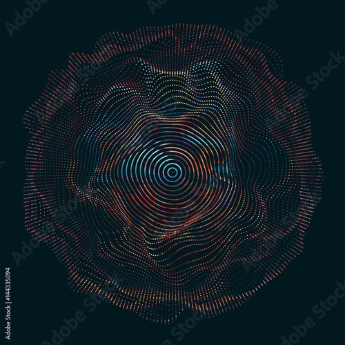 Abstract vector mesh on dark background. Futuristic style card. Elegant background for business presentations. Corrupted point sphere. Chaos aesthetics.