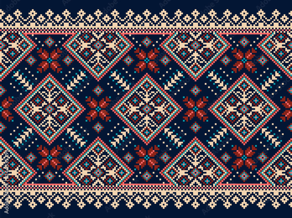 Vector illustration of Ukrainian folk seamless pattern ornament. Ethnic ornament. Border element. Traditional Ukrainian, Belarusian folk art knitted embroidery pattern - Vyshyvanka