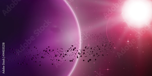 Abstract vector red background with planet and ring of asteroids around. Bright star light shine in the corner with protuberance. Sparkles of distant stars on the background.