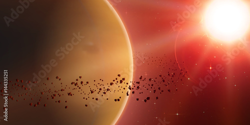 Fotografie Abstract vector orange background with planet and ring of asteroids around
