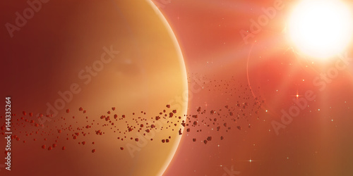 Abstract vector orange background with planet and ring of asteroids around. Bright star light shine in the corner with protuberance. Sparkles of distant stars on the background.
