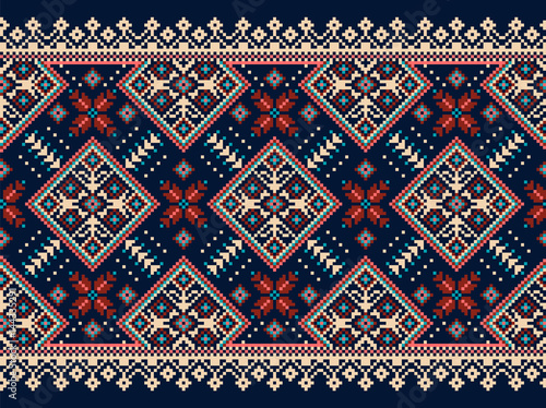 Vector illustration of Ukrainian folk seamless pattern ornament. Ethnic ornament. Border element. Traditional Ukrainian, Belarusian folk art knitted embroidery pattern - Vyshyvanka
