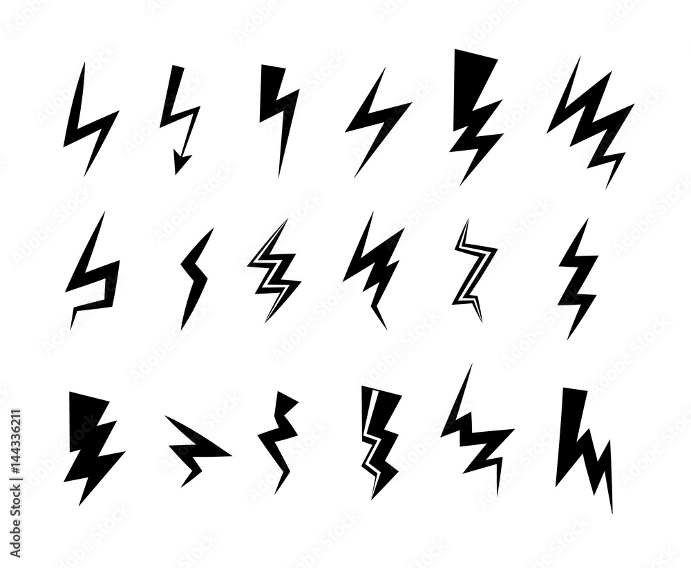 Lightning icon set. Thunder bolt storm vector symbol. Flwsh electric energy sign. Arrow abstract element Lightning icon set. Thunder bolt storm vector symbol. Flwsh electric energy sign. Arrow abstract element