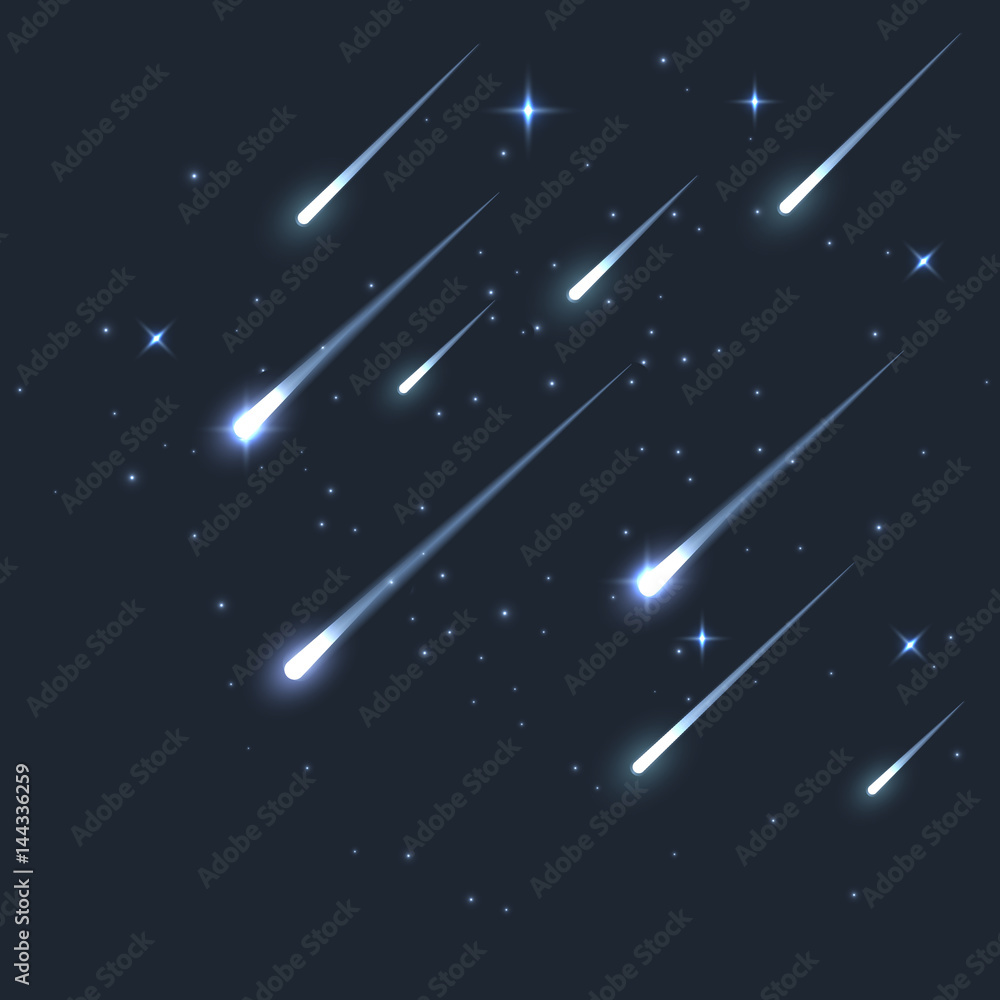 Vector star meteor falling in dark. Comet or asteroid science background. Galaxy astronomy background illustration - obrazy, fototapety, plakaty 