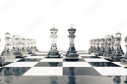 Chess set, victory, transparent glass figures, on a chessboard, 3d rendering