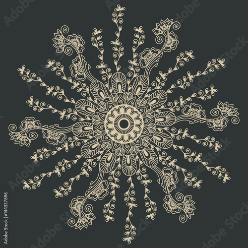 Vector ornamental round lace with damask and arabesque elements. Mehndi style. Orient traditional ornament. Zentangle-like round colored floral ornament.