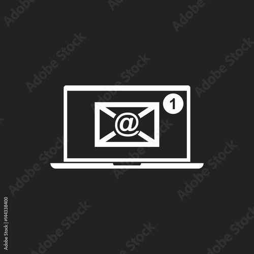 Email envelope message on laptop. Vector illustration in flat style on black background.