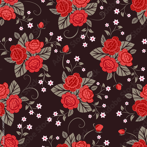 Seamless red and brown rose flower vector pattern.