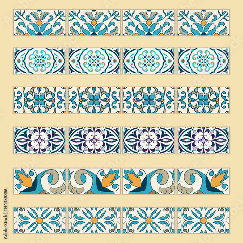 Vector set of decorative tile borders. Collection of colored patterns for design and fashion