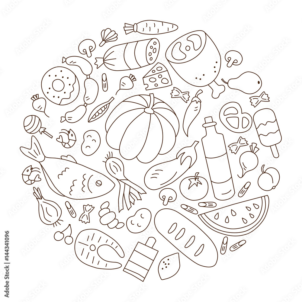 Food. Set of elements in doodle and cartoon style. Black and white. Circle Food. Set of elements in doodle and cartoon style. Black and white. Circle