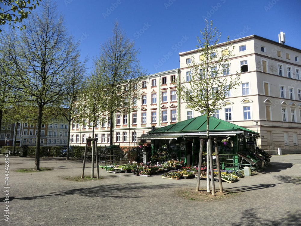Leipziger Platz im Stadtteil Altberesinchen, der historischen Altstadt von Frankfurt an der Oder, im Frühling Leipziger Platz im Stadtteil Altberesinchen, der historischen Altstadt von Frankfurt an der Oder, im Frühling
