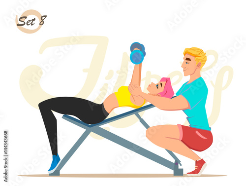 Fitness girl with trainer. Healthy lifestyle. Workout set
