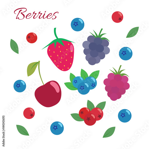 Berries set. Flat design. Strawberry, blueberry, blackberry, raspberry, cherry, cranberry isolated on white background.
