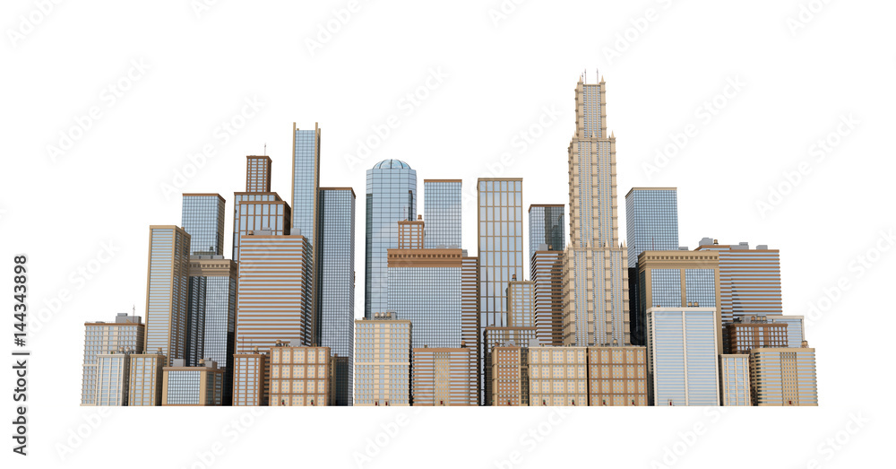 3d rendering of a city landscape with office buildings and skyscrapers isolated on white background.