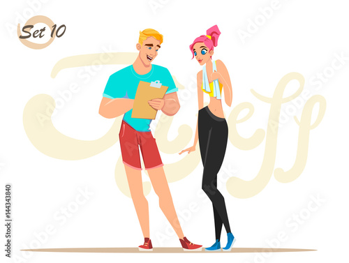 Fitness girl with trainer. Healthy lifestyle. Workout set