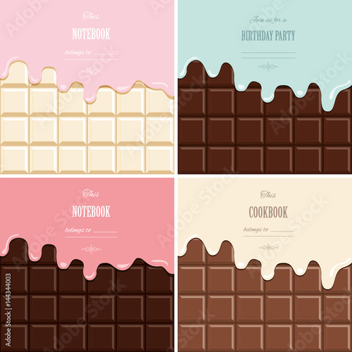 Cream melted on chocolate bar background set. Cute design with sample text.