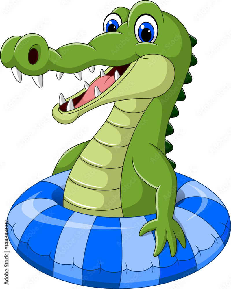 Naklejka premium Cartoon crocodile with inflatable ring