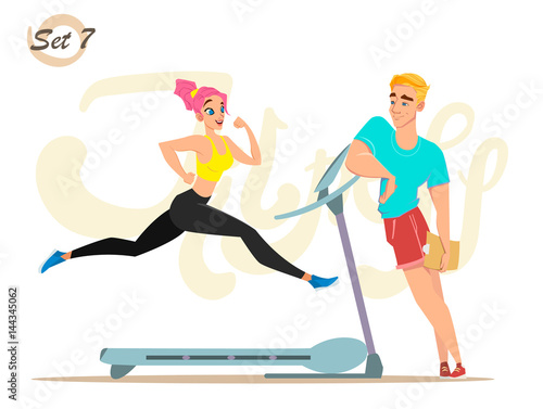 Fitness girl with trainer. Healthy lifestyle. Workout set