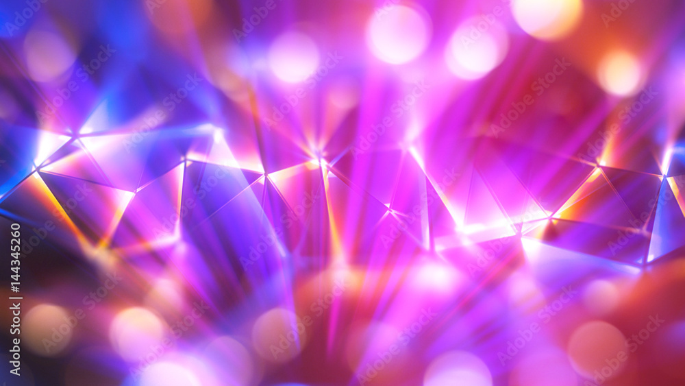 Colored abstract geometric background. 3D illustration.
Polygonal glossy surface. Glowing structure. Optical flares glare