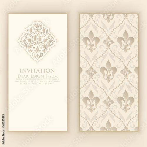 Wedding invitation and announcement card with vintage background artwork. Elegant ornate damask background. Elegant floral abstract ornament. Design template.