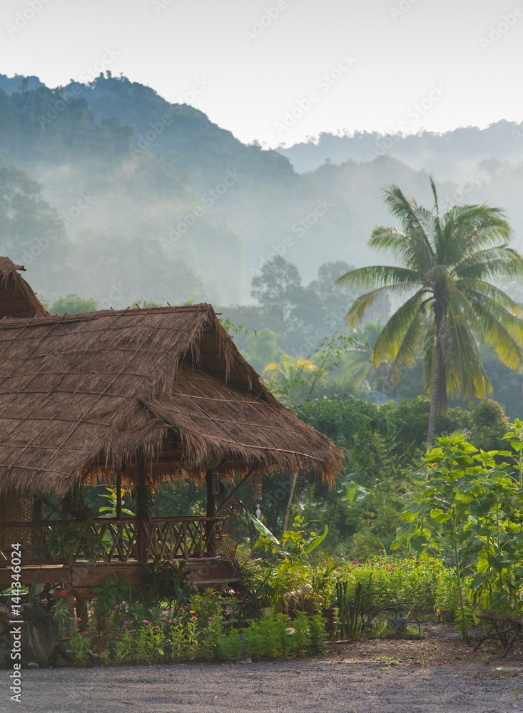 Serene house with the mountain background at Noen Maprang district of Phitsanulok Province, northern Thailand Serene house with the mountain background at Noen Maprang district of Phitsanulok Province, northern Thailand
