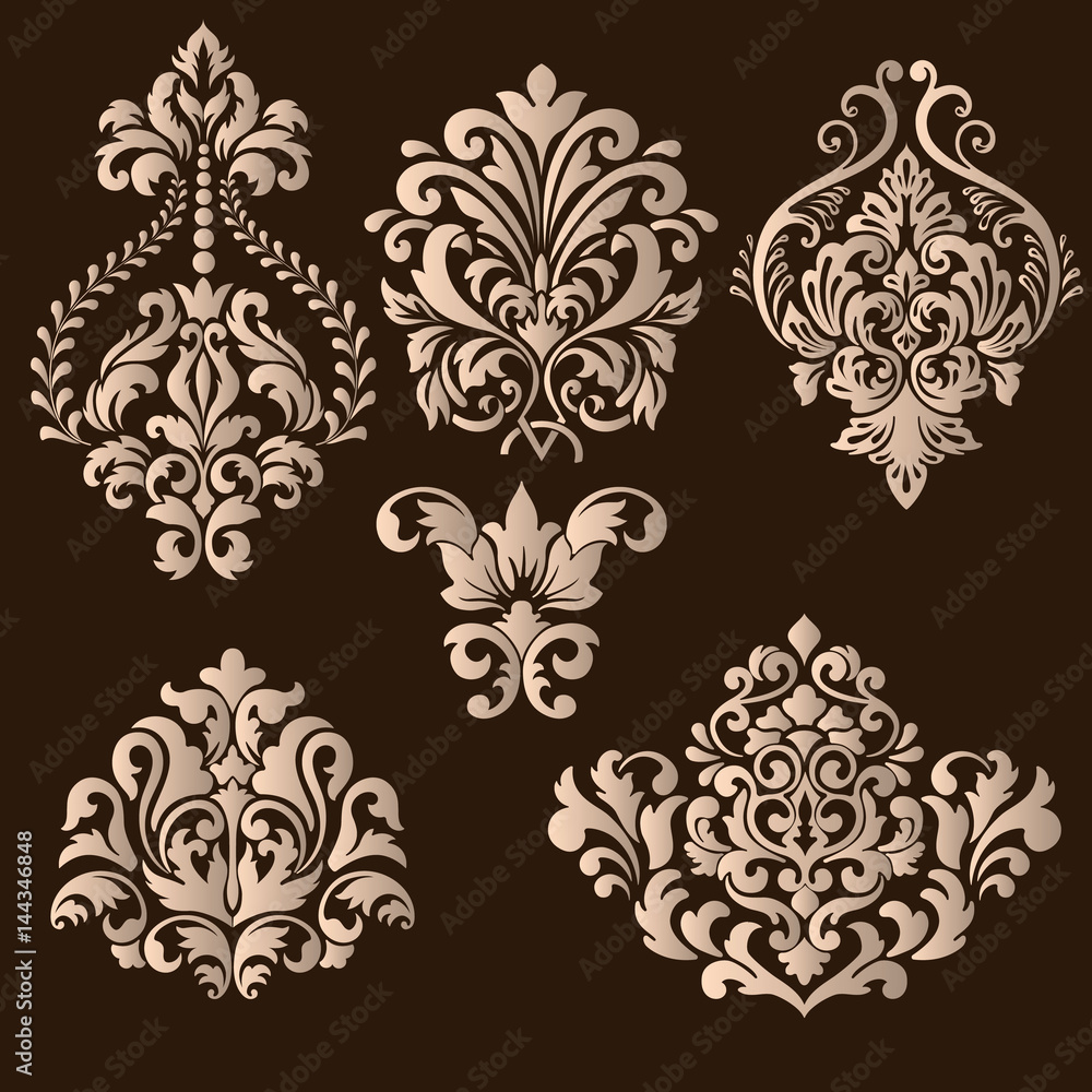 Vector set of damask ornamental elements. Elegant floral abstract elements for design. Perfect for invitations, cards etc. Vector set of damask ornamental elements. Elegant floral abstract elements for design. Perfect for invitations, cards etc.