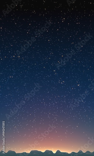 Night sky with stars. Abstract vector background with mountain landscape and sky with stars. Glow of sun behind the mountains. Morning on distant planet. Sparkles of alien stars on the background.
