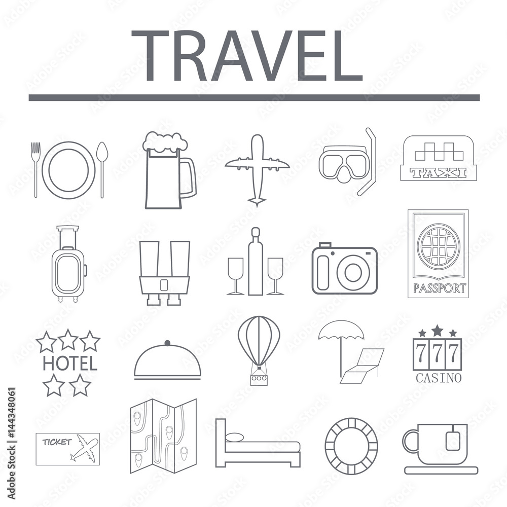Vector illustration of thin line icons for travel. Linear symbols set. 
