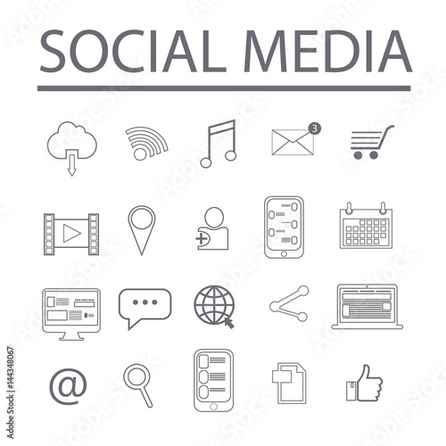 Vector illustration of thin line icons for socail media. Linear symbols set. 