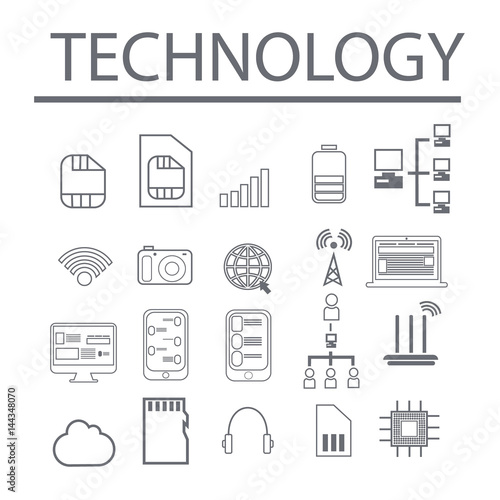 Vector illustration of thin line icons for technology. Linear symbols set. 