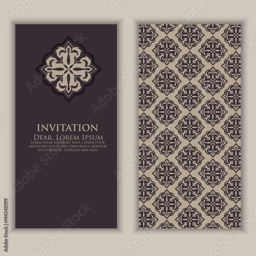 Invitation, cards with ethnic arabesque elements. Arabesque style design. Business cards. Elegant ornate damask background. Elegant floral abstract ornament. Design template.