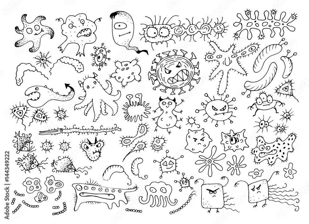 Set of Vector Doodle Bacteria Germs or Cartoon Monsters. Hand Drawn Viruses Collection Isolated Set of Vector Doodle Bacteria Germs or Cartoon Monsters. Hand Drawn Viruses Collection Isolated