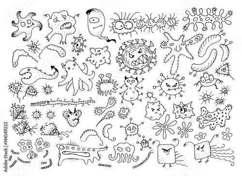 Set of Vector Doodle Bacteria Germs or Cartoon Monsters. Hand Drawn Viruses Collection Isolated