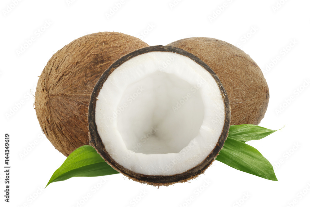 slices of coconut with leaves isolated on white background slices of coconut with leaves isolated on white background
