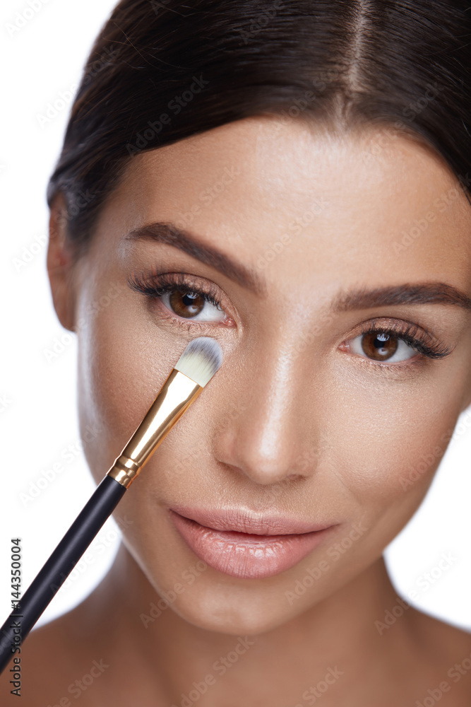 Beauty. Woman Face With Brush. Makeup Cosmetics Beauty. Woman Face With Brush. Makeup Cosmetics