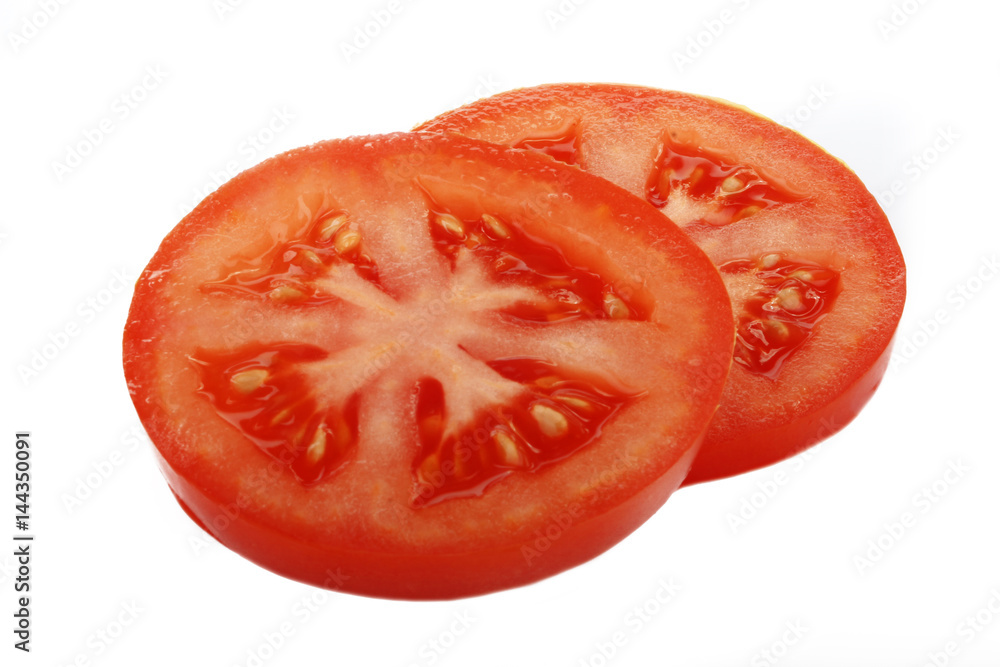 red tomato slices isolated on white background red tomato slices isolated on white background