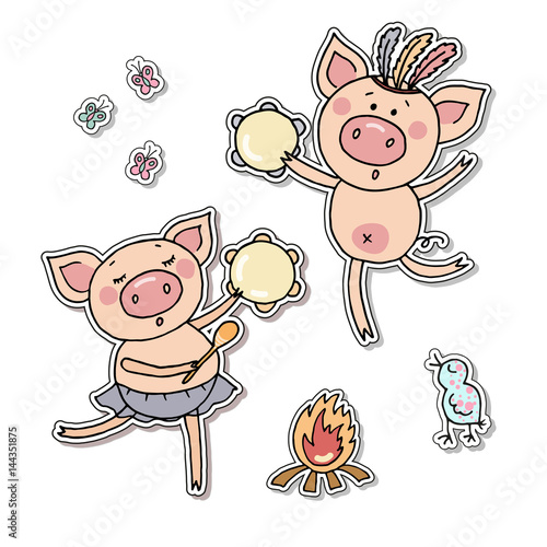 Vector illustration of a two little pigs playing tamburines.