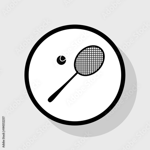 Tennis racquet sign. Vector. Flat black icon in white circle with shadow at gray background.