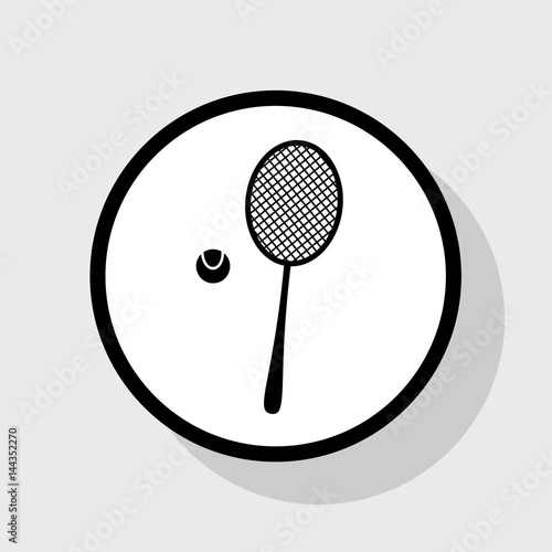 Tennis racquet sign. Vector. Flat black icon in white circle with shadow at gray background.