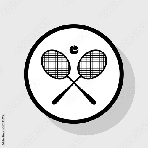 Tennis racket sign. Vector. Flat black icon in white circle with shadow at gray background.