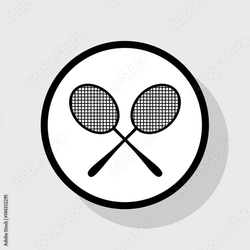 Tennis racquets sign. Vector. Flat black icon in white circle with shadow at gray background.