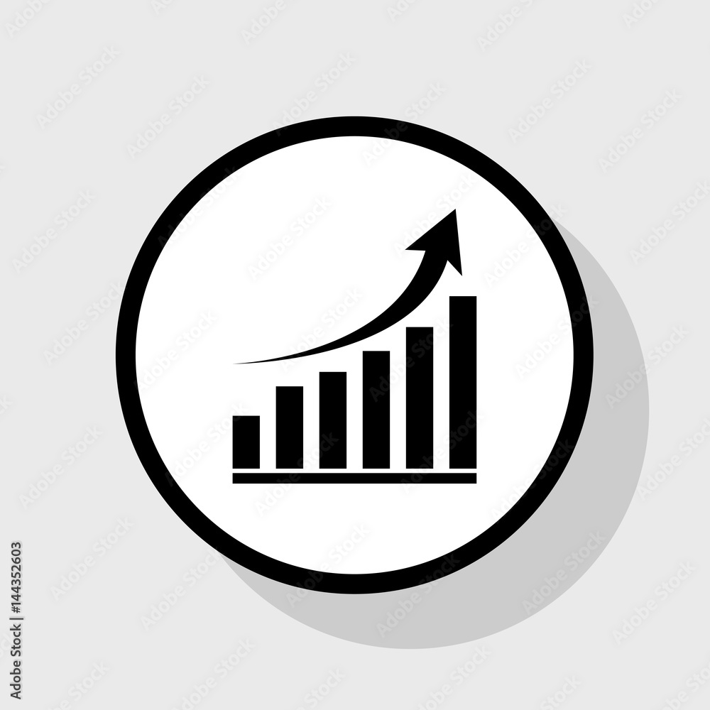 Growing graph sign. Vector. Flat black icon in white circle with shadow at gray background. Growing graph sign. Vector. Flat black icon in white circle with shadow at gray background.