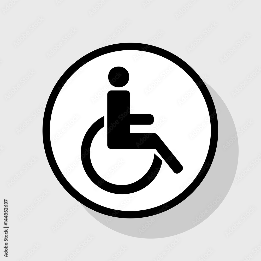 Disabled sign illustration. Vector. Flat black icon in white circle with shadow at gray background. Disabled sign illustration. Vector. Flat black icon in white circle with shadow at gray background.