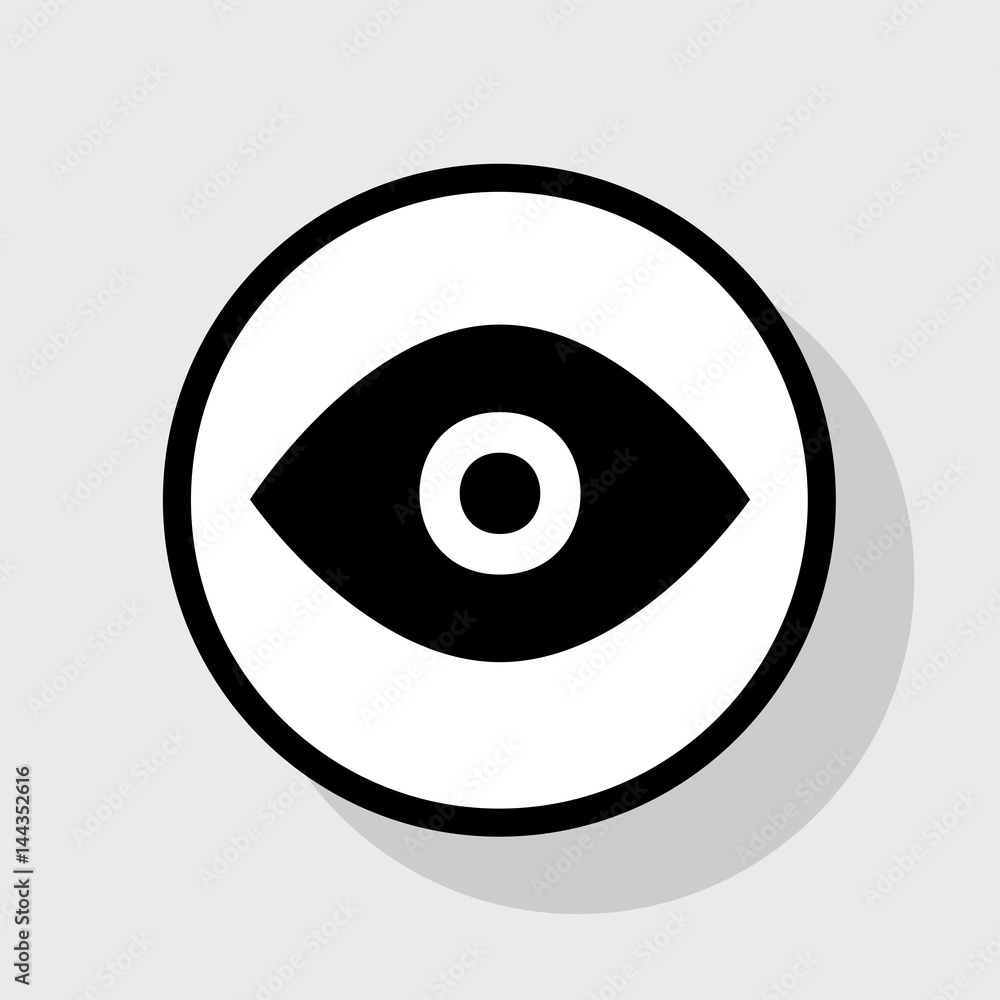 Eye sign illustration. Vector. Flat black icon in white circle with shadow at gray background. Eye sign illustration. Vector. Flat black icon in white circle with shadow at gray background.