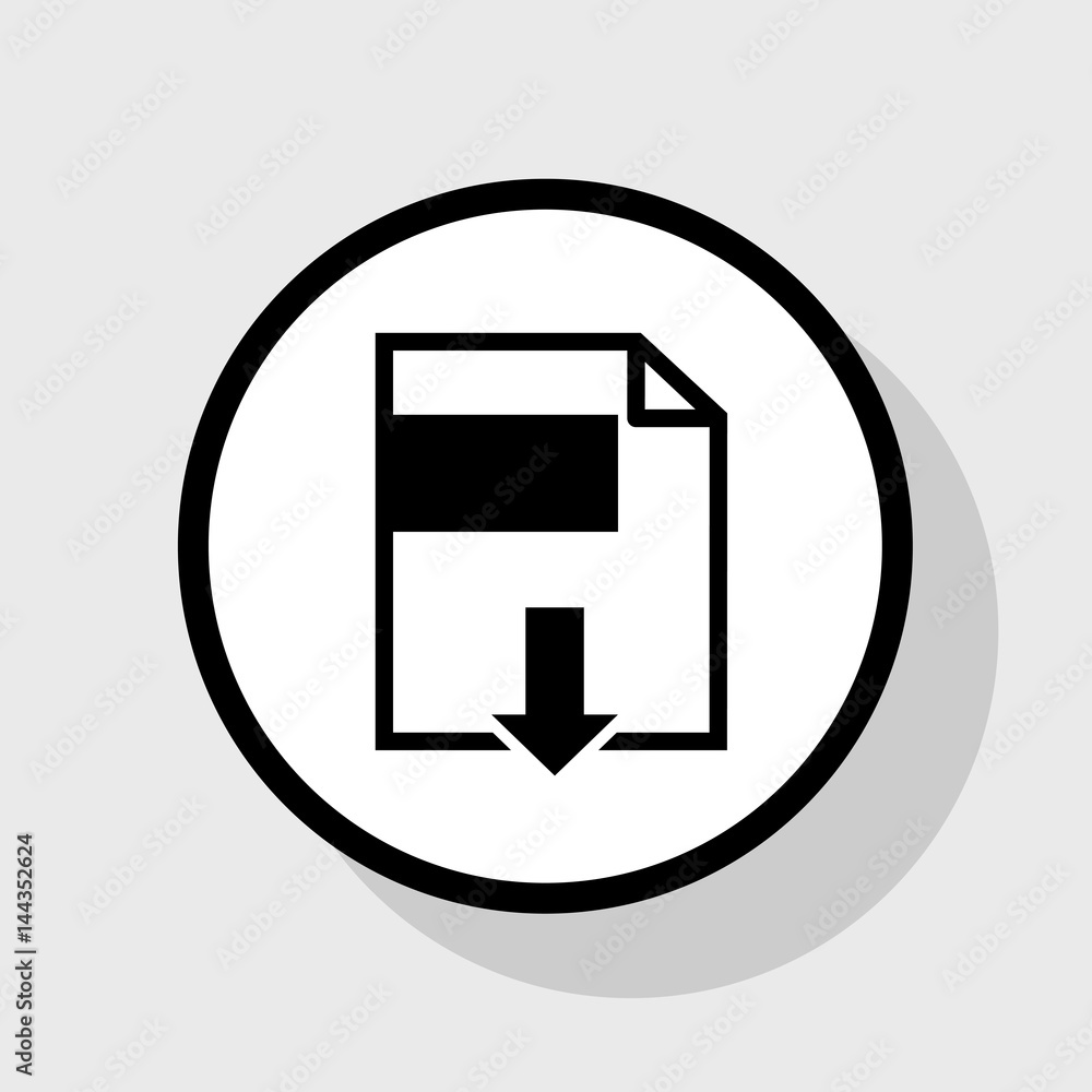 File download sign. Vector. Flat black icon in white circle with shadow at gray background. File download sign. Vector. Flat black icon in white circle with shadow at gray background.