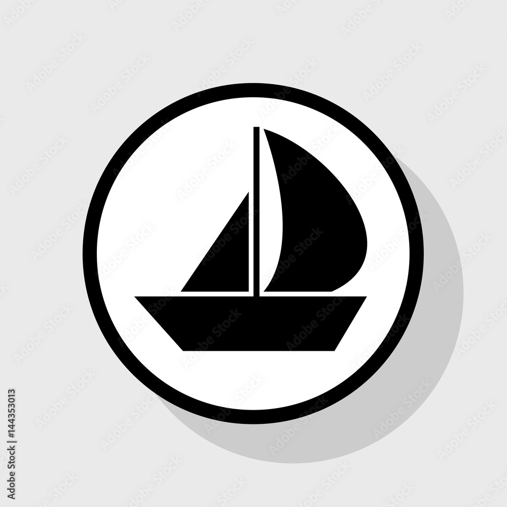 Sail Boat sign. Vector. Flat black icon in white circle with shadow at gray background. Sail Boat sign. Vector. Flat black icon in white circle with shadow at gray background.